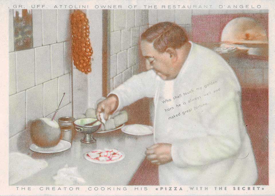 Pizza col segreto, cartolina pubblicitaria ristorante D’Angelo, Napoli, ca 1950